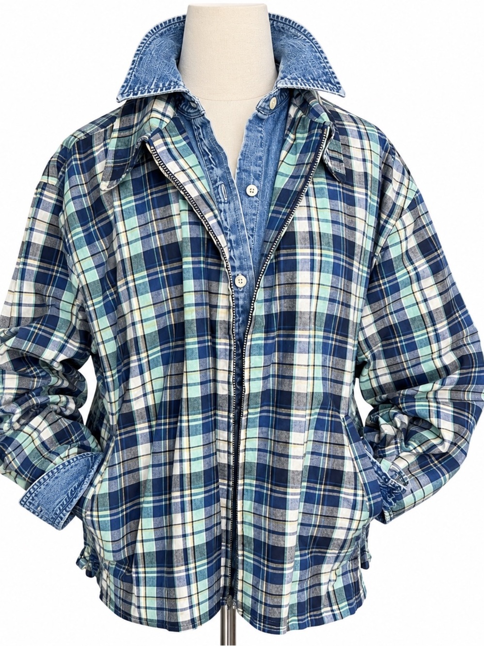Eddie Bauer Women’s L Plaid Cotton Jacket Blue Green Preppy Vintage Style